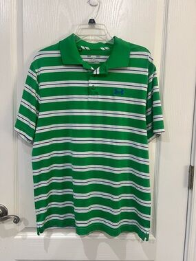LG Green and White Striped Polo Shirt Size: Large